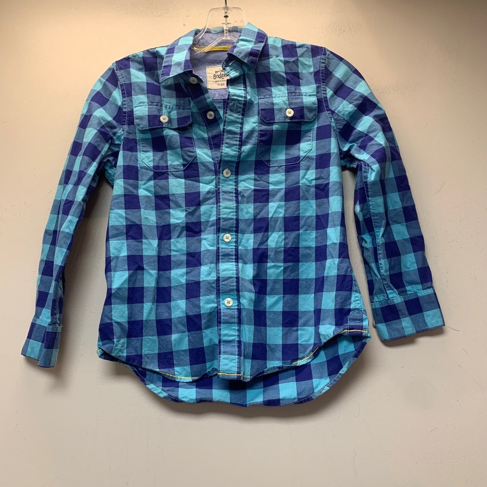 Mini Boden Button Down Shirt Boys 7-8Y Blue Buffalo Check Excellent Long Sleeve
